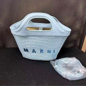 Marni White Woven Leather-Trim Tote with Blue Logo